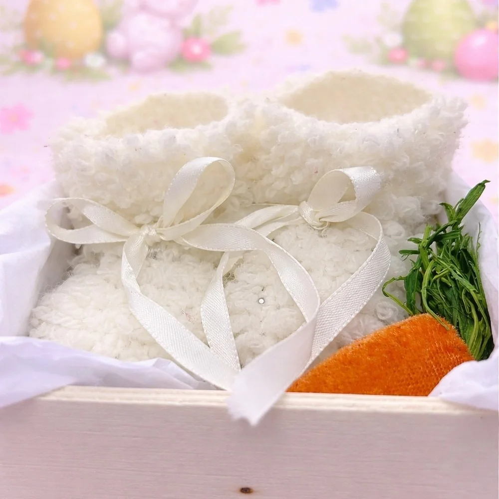 Baby’s First Easter Gift Set – Handmade Booties /Keepsake Box w/ Plush Carrot